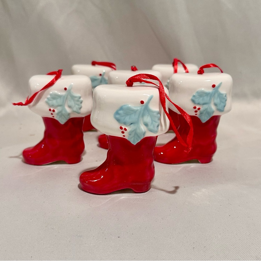 Vintage Festive Red Ceramic Boot Christmas Ornaments-Set of 6